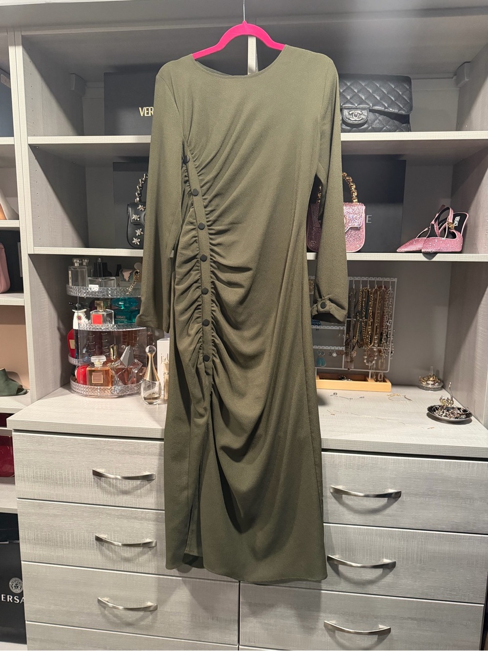 Zara Olive Green Long Sleeve Ruched Midi Dress